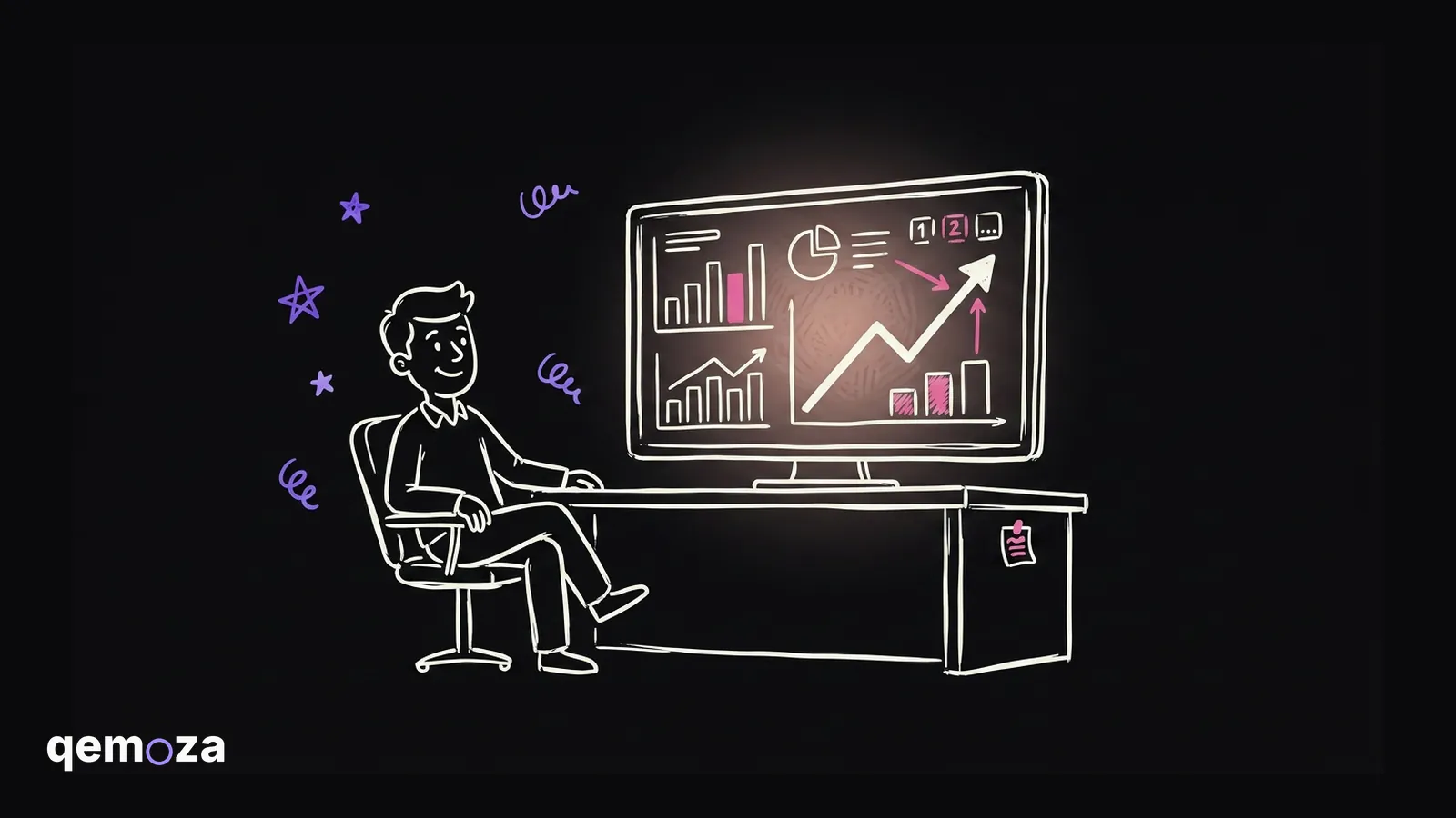 On the left a worried client sitting in the dark while an agency ignores them, on the right the same client happy in front of a dashboard full of numbers