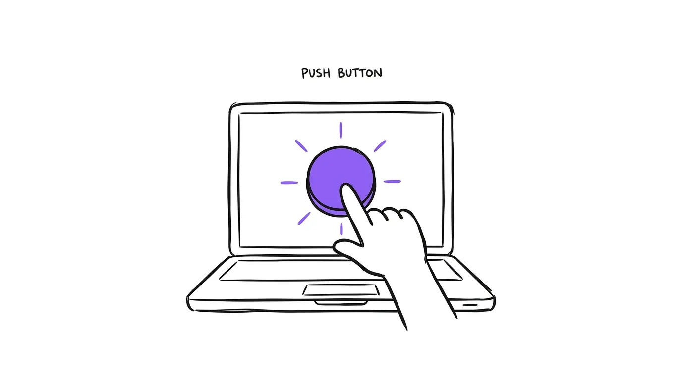 A laptop screen with one big button and a hand pressing it
