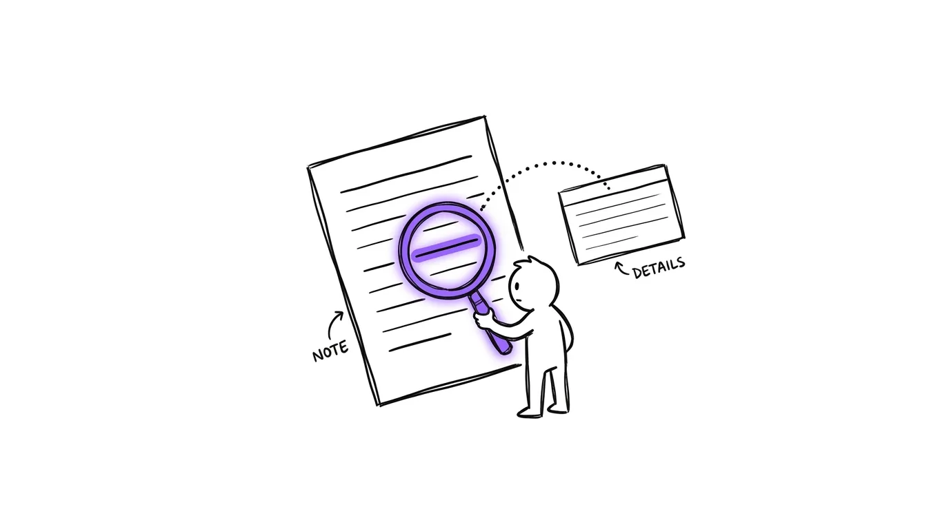 A small figure holding a magnifying glass over one line, with a dotted line to the note it came from