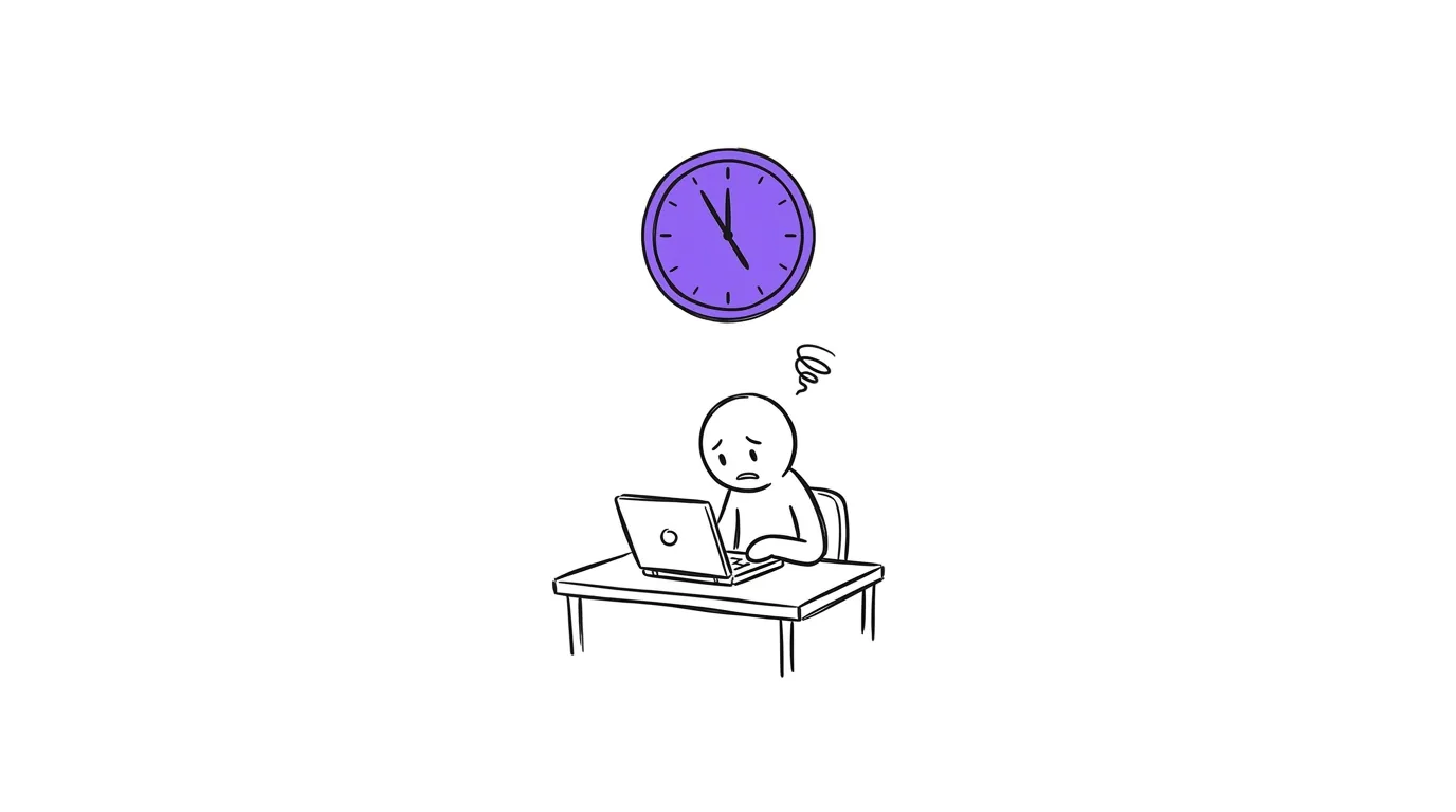 A wall clock close to the hour above a small figure who looks worried at a laptop