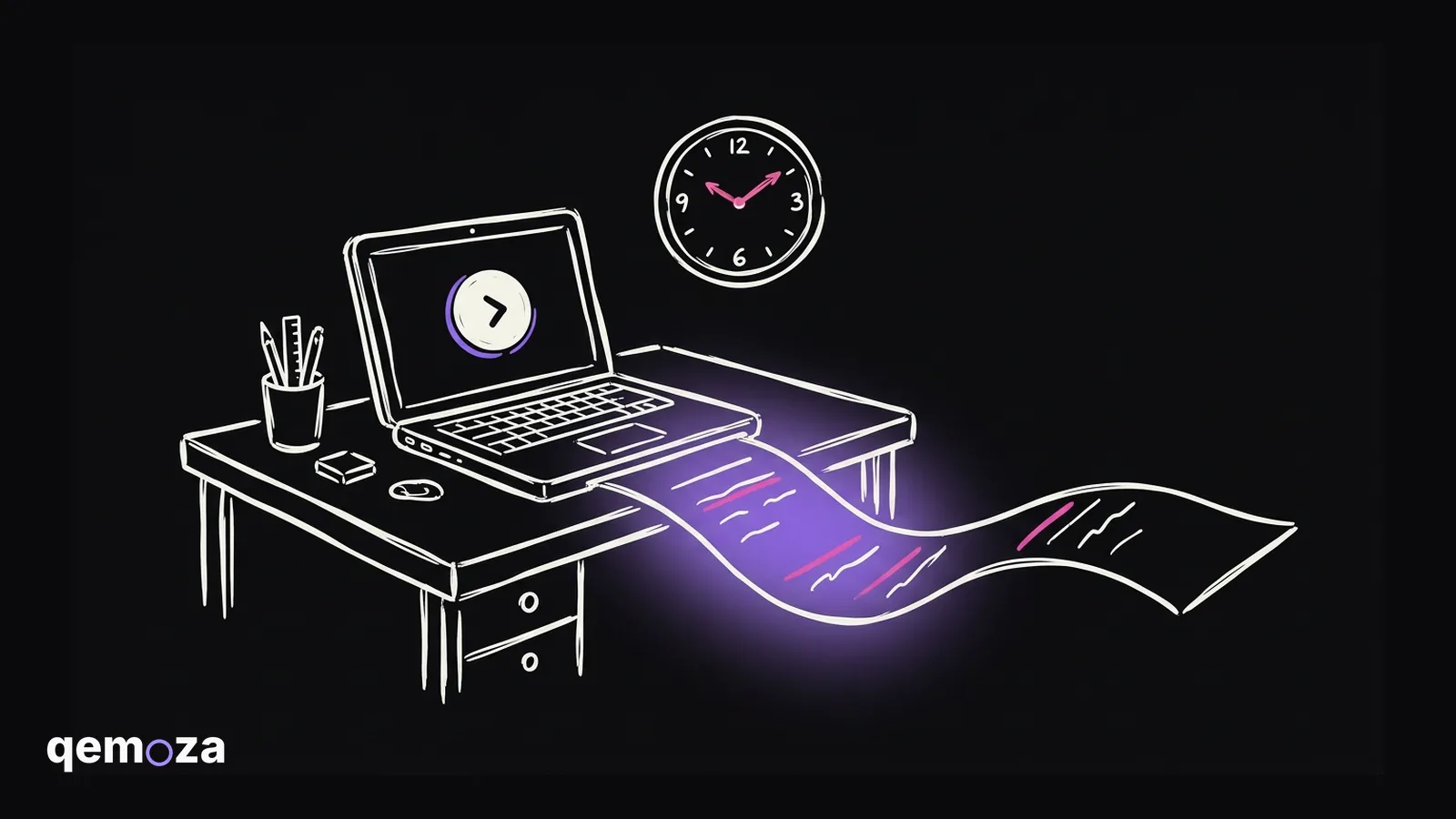 A laptop with one big button on the screen and a short sheet of paper sliding out of it, under a small wall clock