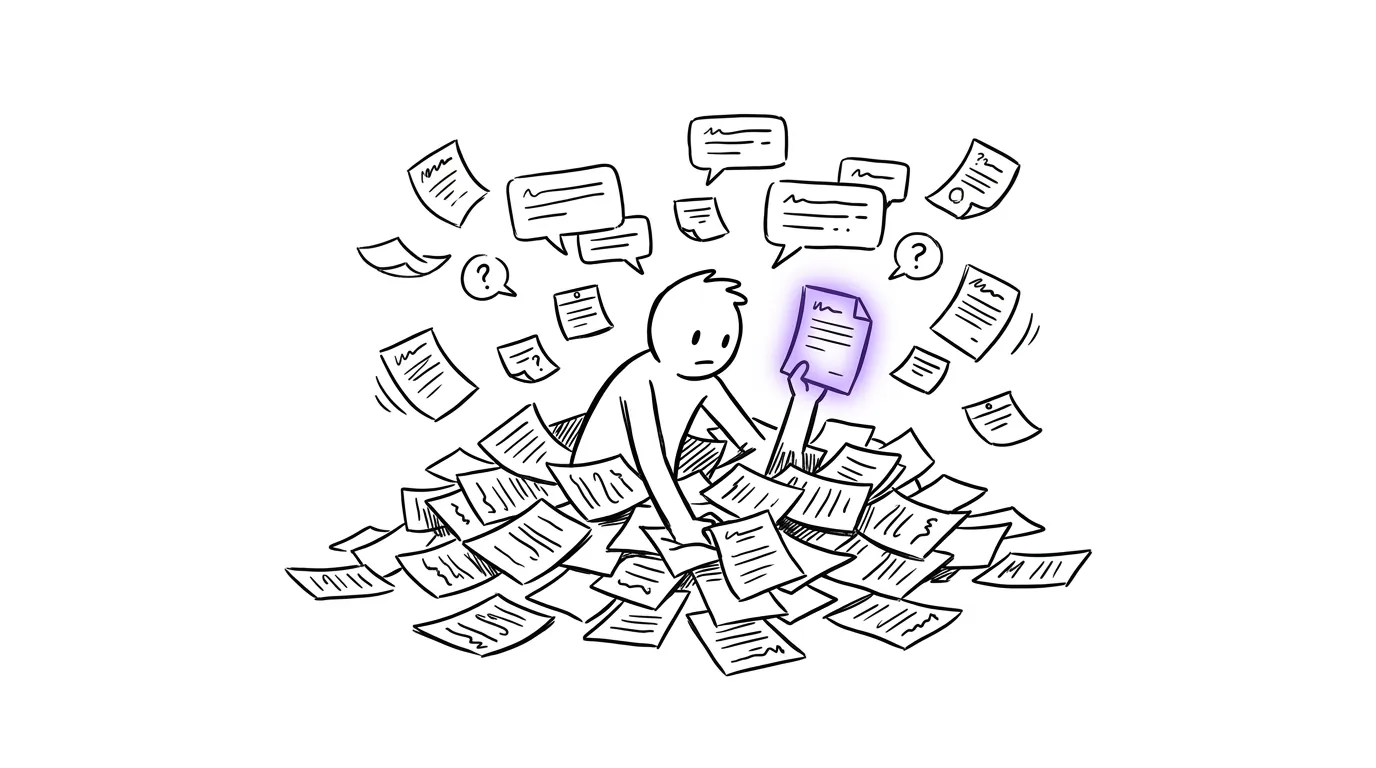 A small figure digging through a pile of papers while chat bubbles and notes fly around