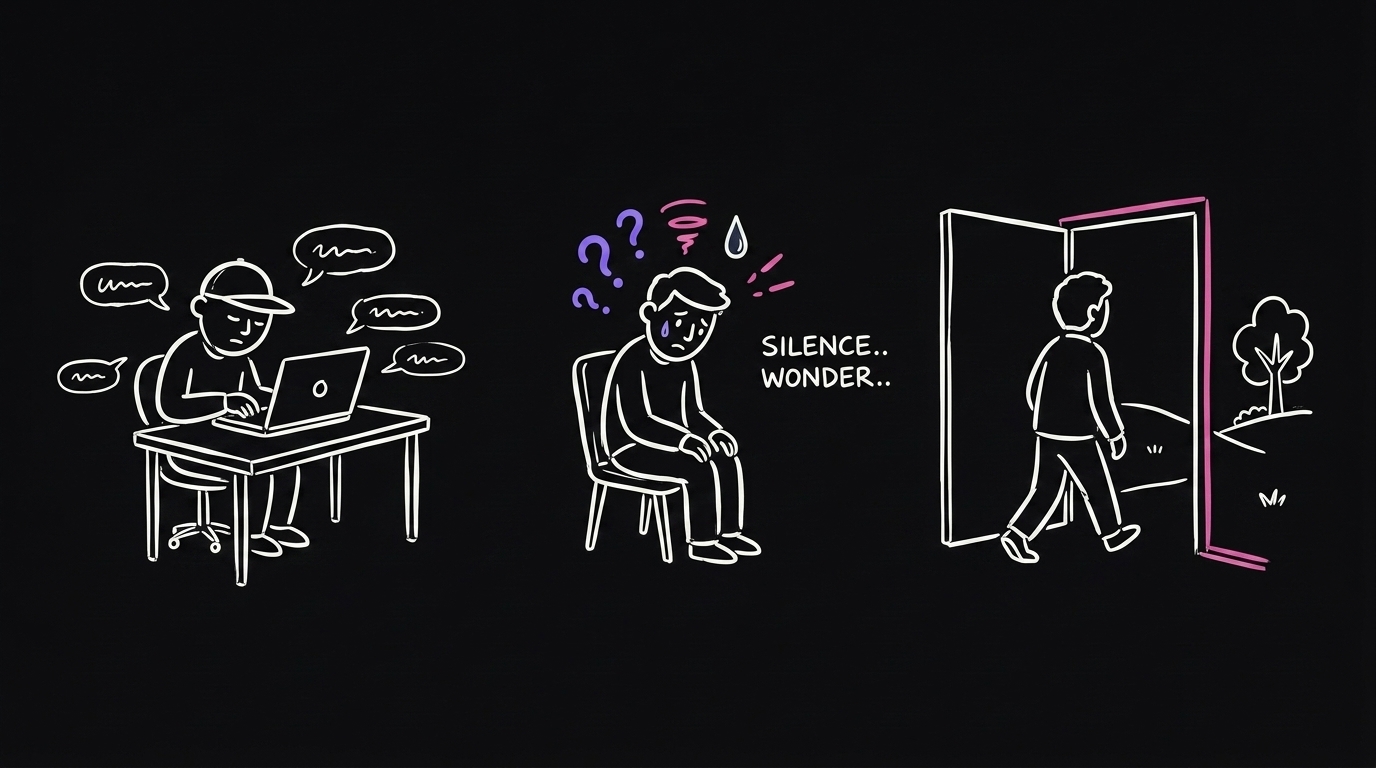 An agency heads down building while the client sits alone and worried, then walks out the door