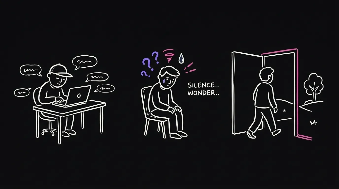 An agency heads down building while the client sits alone and worried, then walks out the door