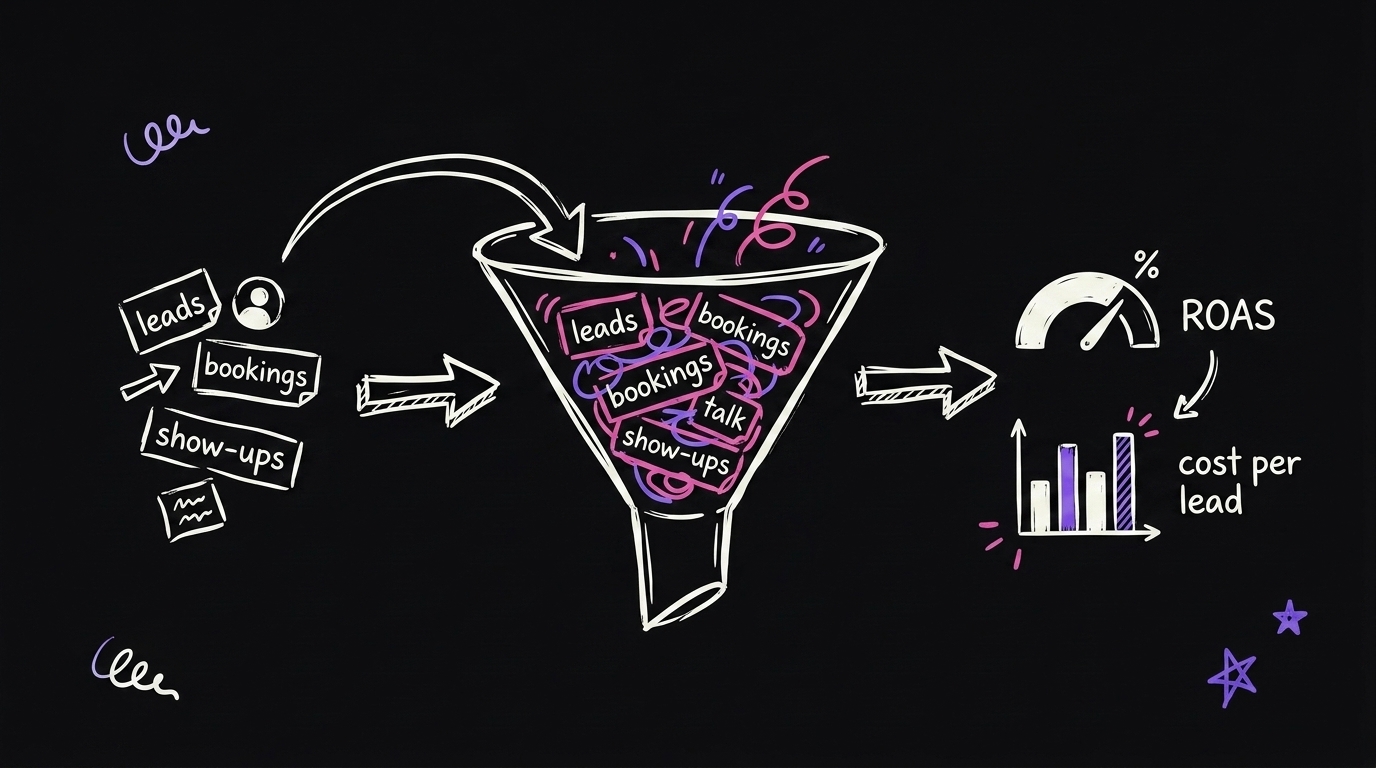 Raw data like leads and bookings pouring into a funnel, real metrics like ROAS and cost per lead coming out