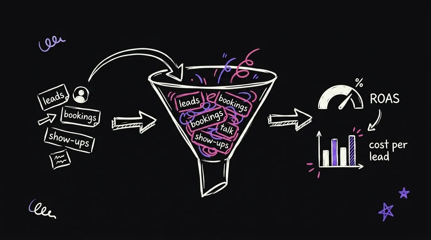 Raw data like leads and bookings pouring into a funnel, real metrics like ROAS and cost per lead coming out