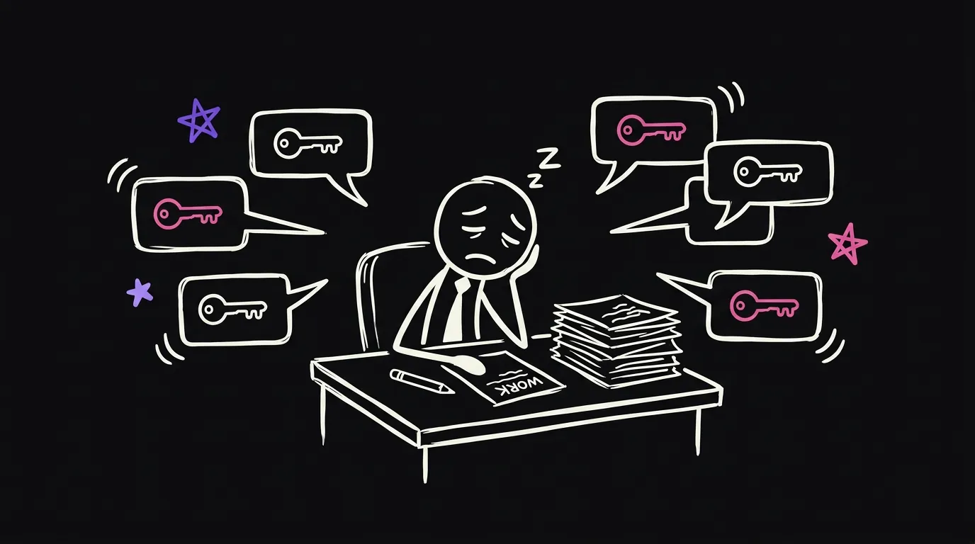 A tired boss at a desk surrounded by chat bubbles that each hold a key