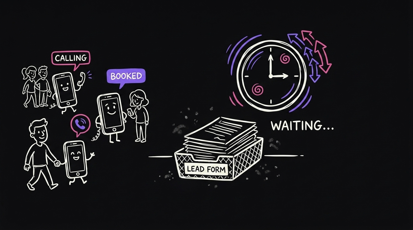 A lead form sitting alone in an inbox while a clock spins and three other companies call the same customer away