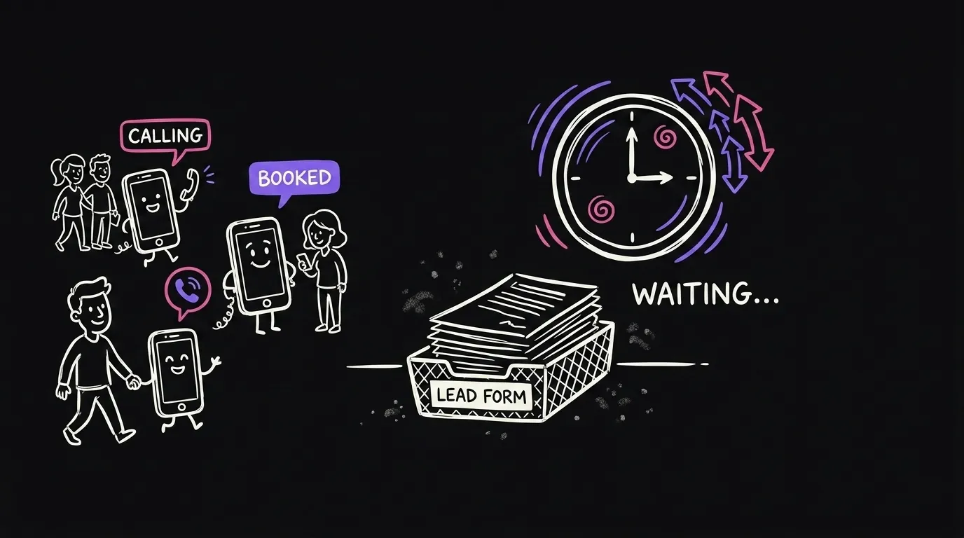 A lead form sitting alone in an inbox while a clock spins and three other companies call the same customer away