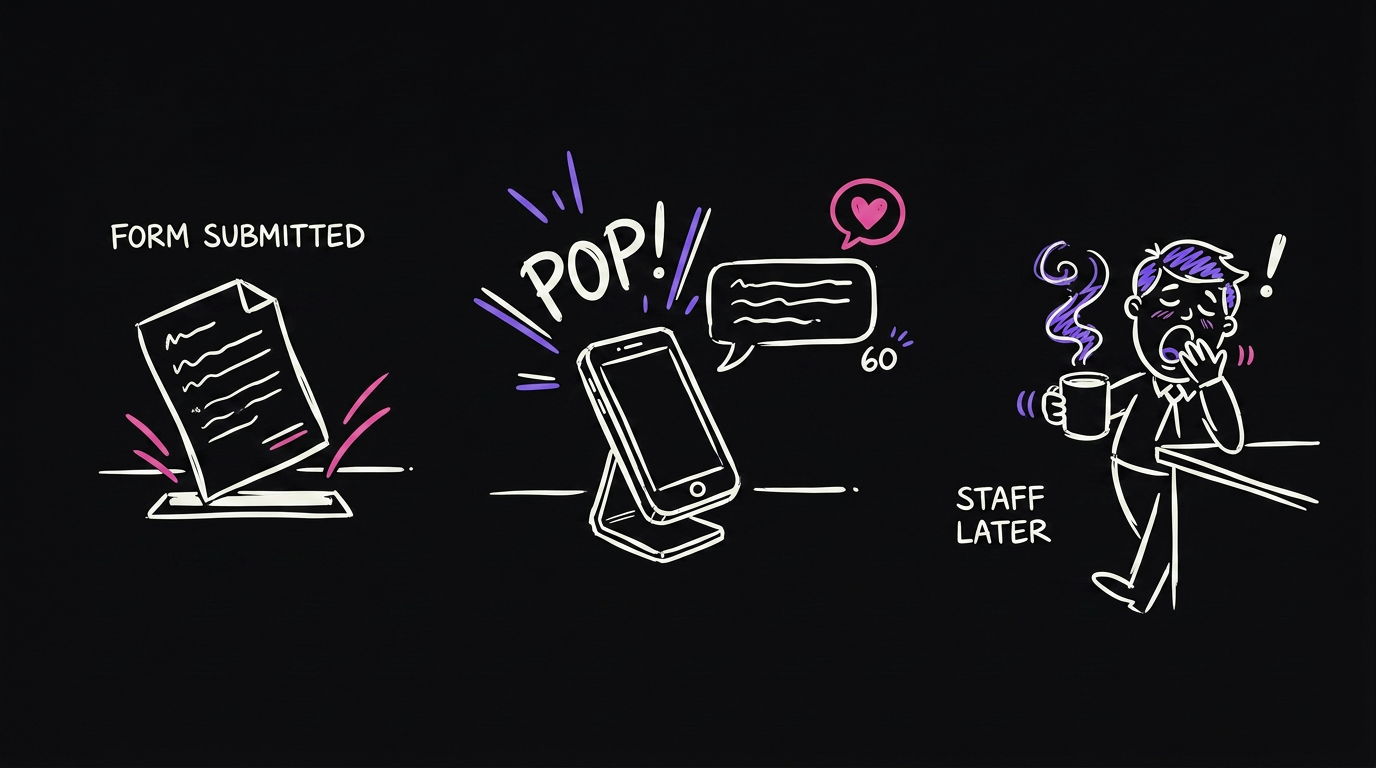 A form drops in a slot and a phone instantly fires off a text while the office worker is still walking over