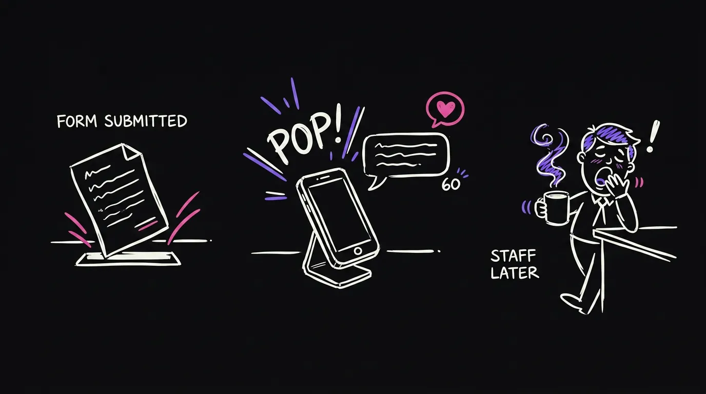 A form drops in a slot and a phone instantly fires off a text while the office worker is still walking over