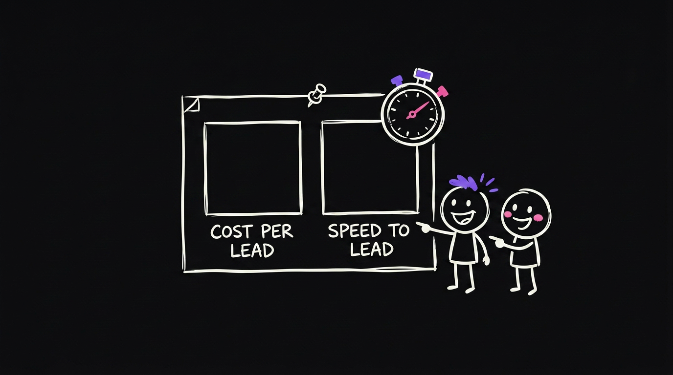 A report page with two boxes side by side labelled cost per lead and speed to lead, a stopwatch above, two happy people pointing at the speed to lead box