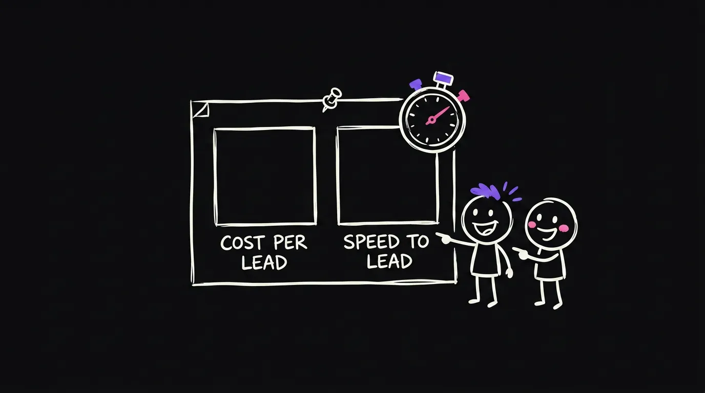 A report page with two boxes side by side labelled cost per lead and speed to lead, a stopwatch above, two happy people pointing at the speed to lead box