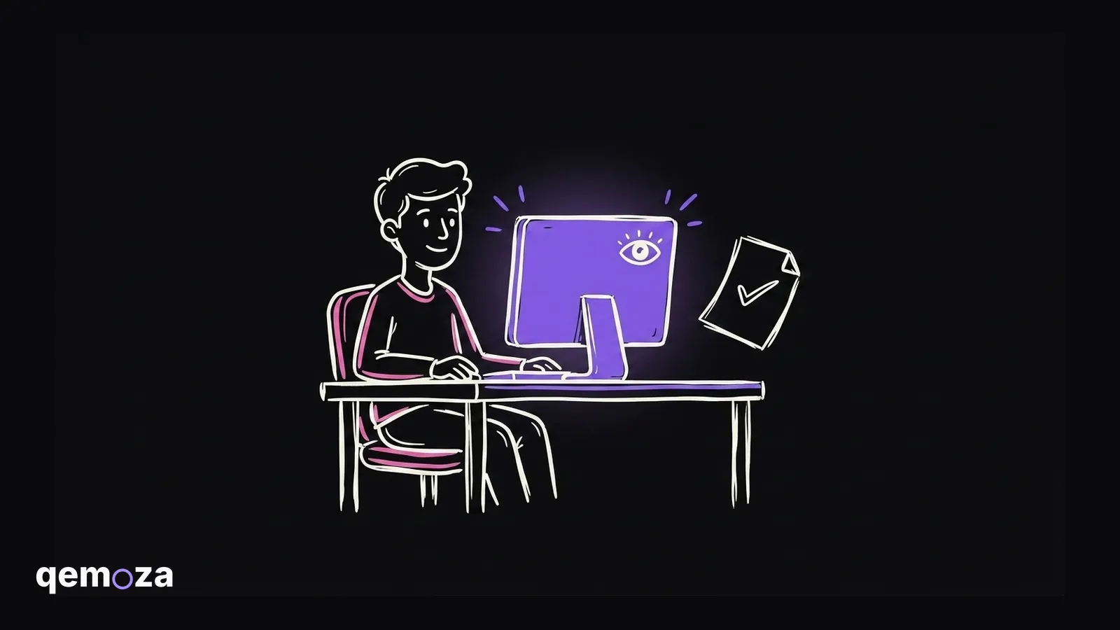 A person at a desk with a monitor showing a small friendly eye icon, and a sheet of paper with a checkmark floating beside it