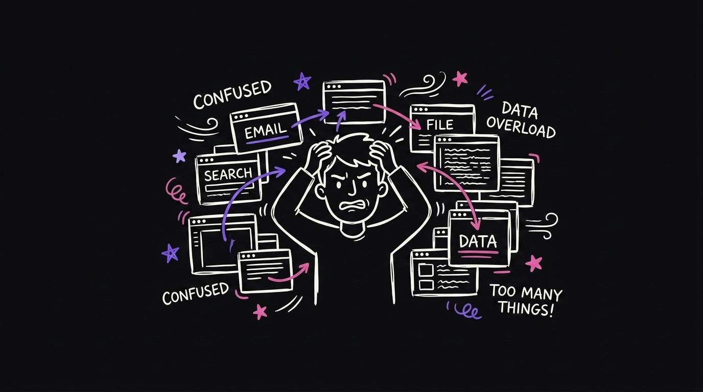 A person surrounded by many overlapping app windows, confused, with arrows crossing between them