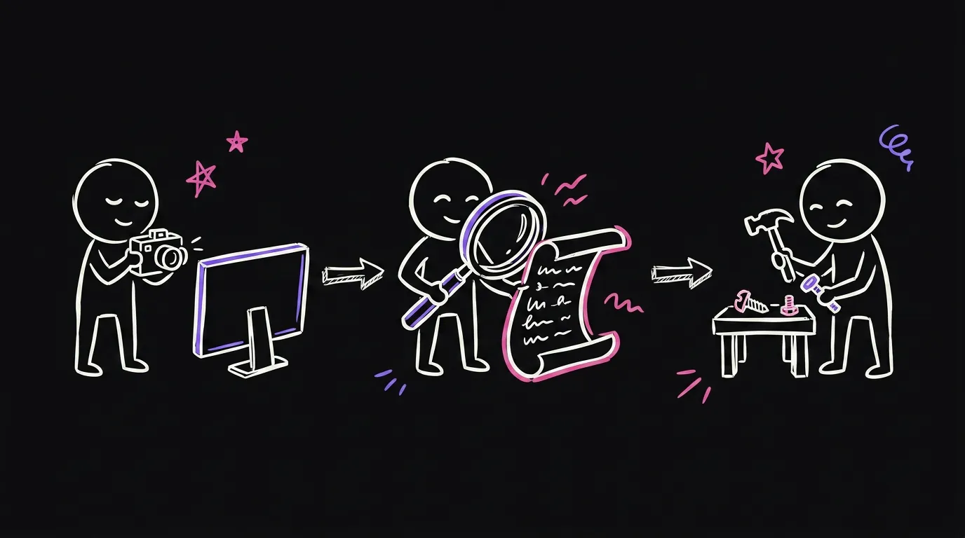 Three characters: one with a camera watching a screen, one with a magnifying glass reading a scroll, one with a hammer building a small tool