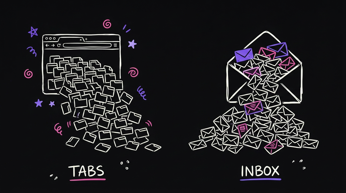 On the left a browser overflowing with tiny tabs, on the right an inbox overflowing with mail