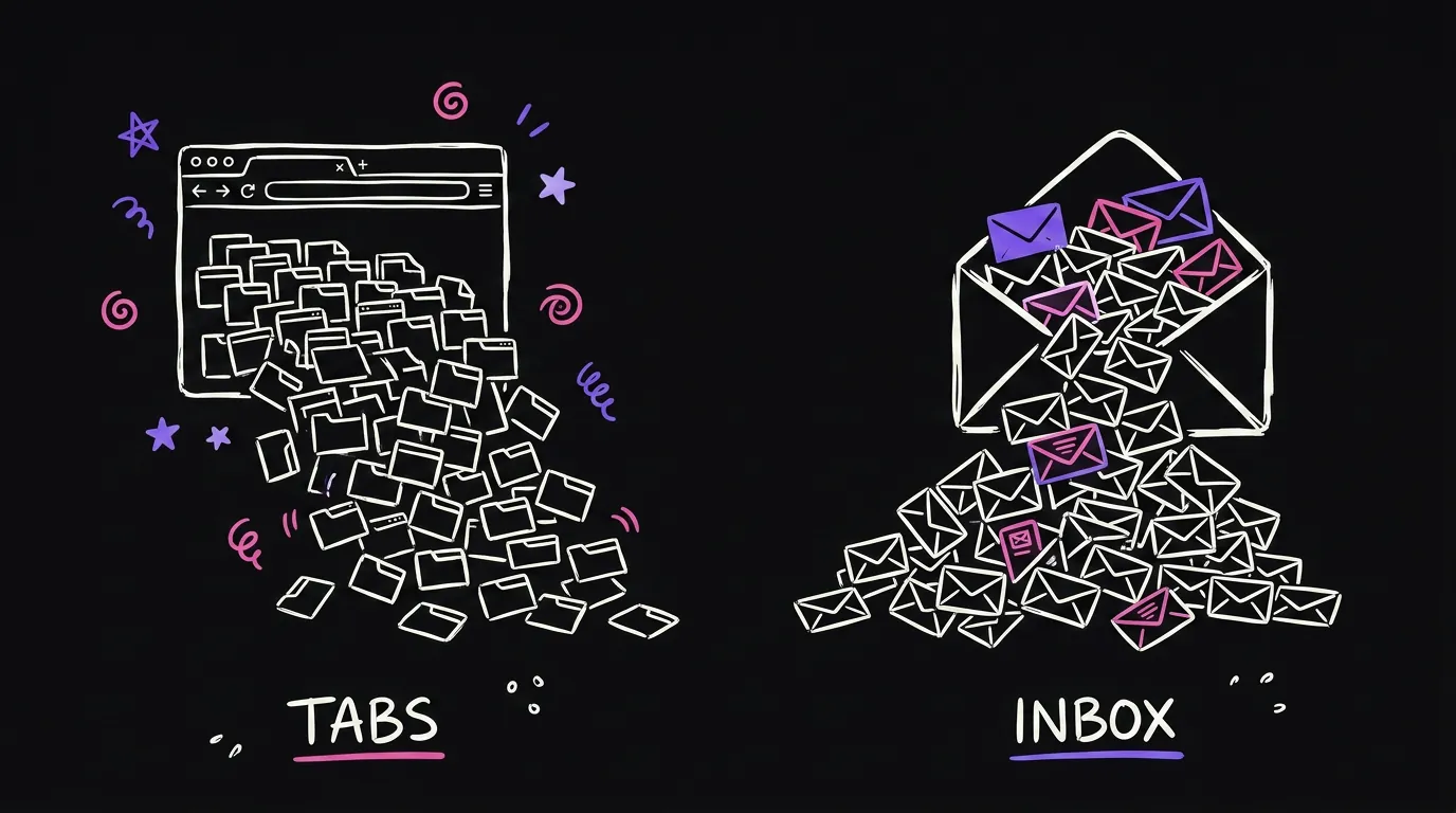 On the left a browser overflowing with tiny tabs, on the right an inbox overflowing with mail