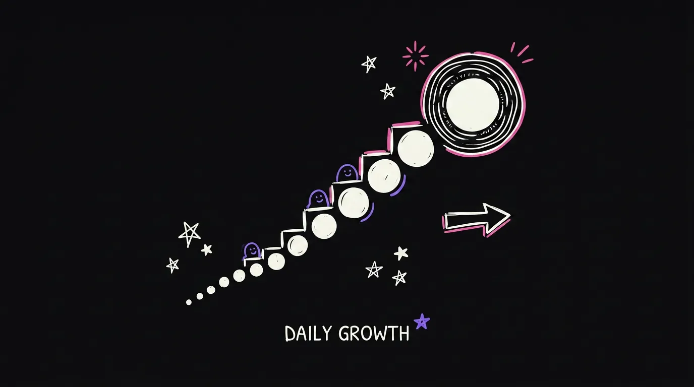 A staircase of dots growing from small at the bottom to one large glowing dot at the top
