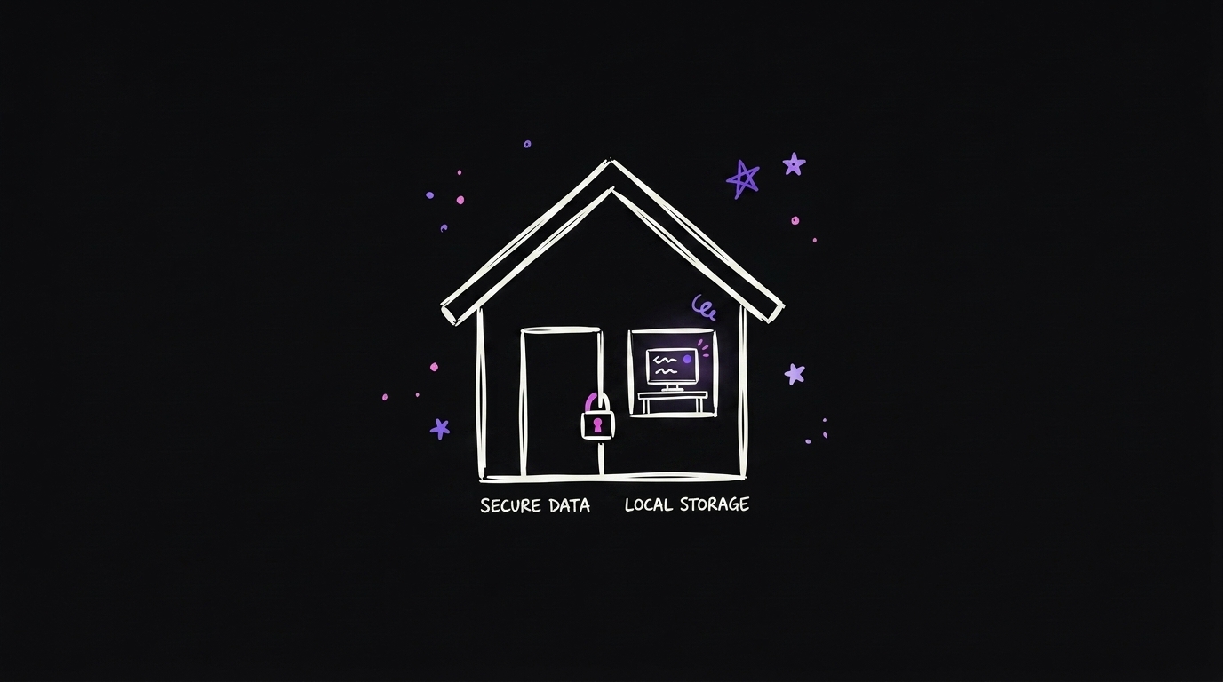 A house with a small padlock on the door and a glowing computer inside, nothing leaving the house