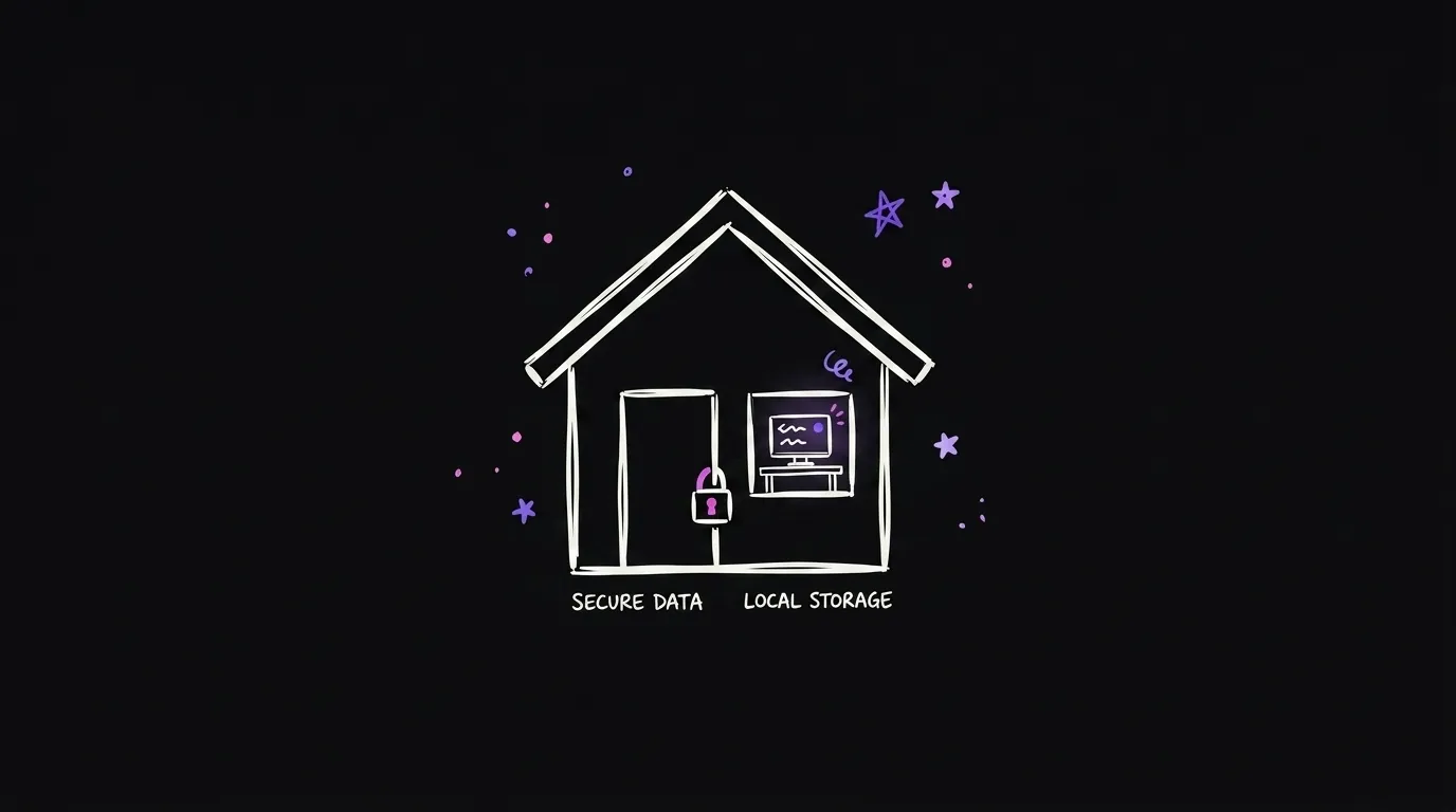 A house with a small padlock on the door and a glowing computer inside, nothing leaving the house