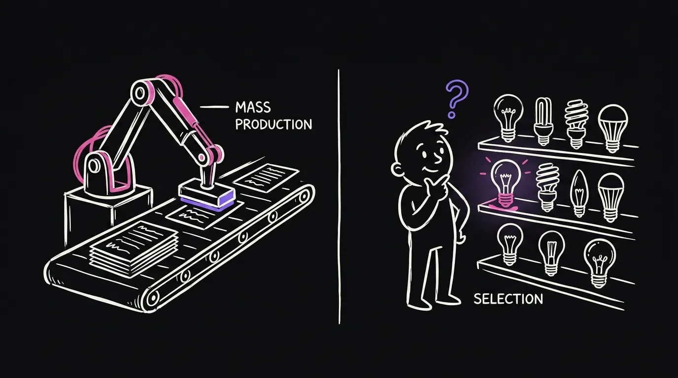 A machine arm stamping identical papers on a conveyor belt next to a character choosing one lightbulb from a shelf