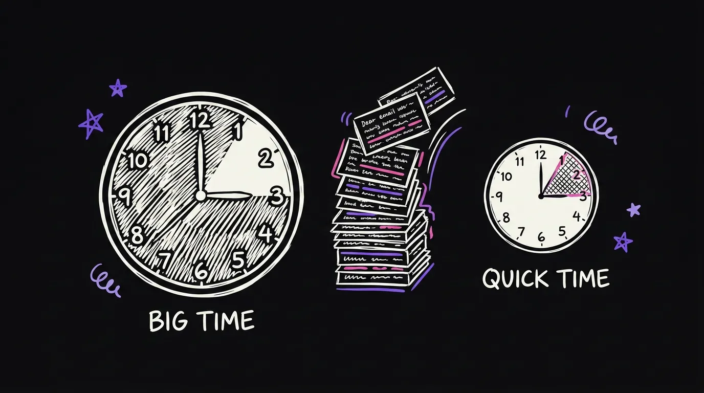 Two clocks, one long and shaded, one short, with a stack of emails piling up between them