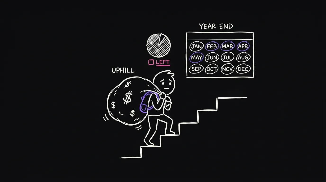 A character carrying a heavy sack of coins up the stairs, with a calendar and a thin slice of margin left