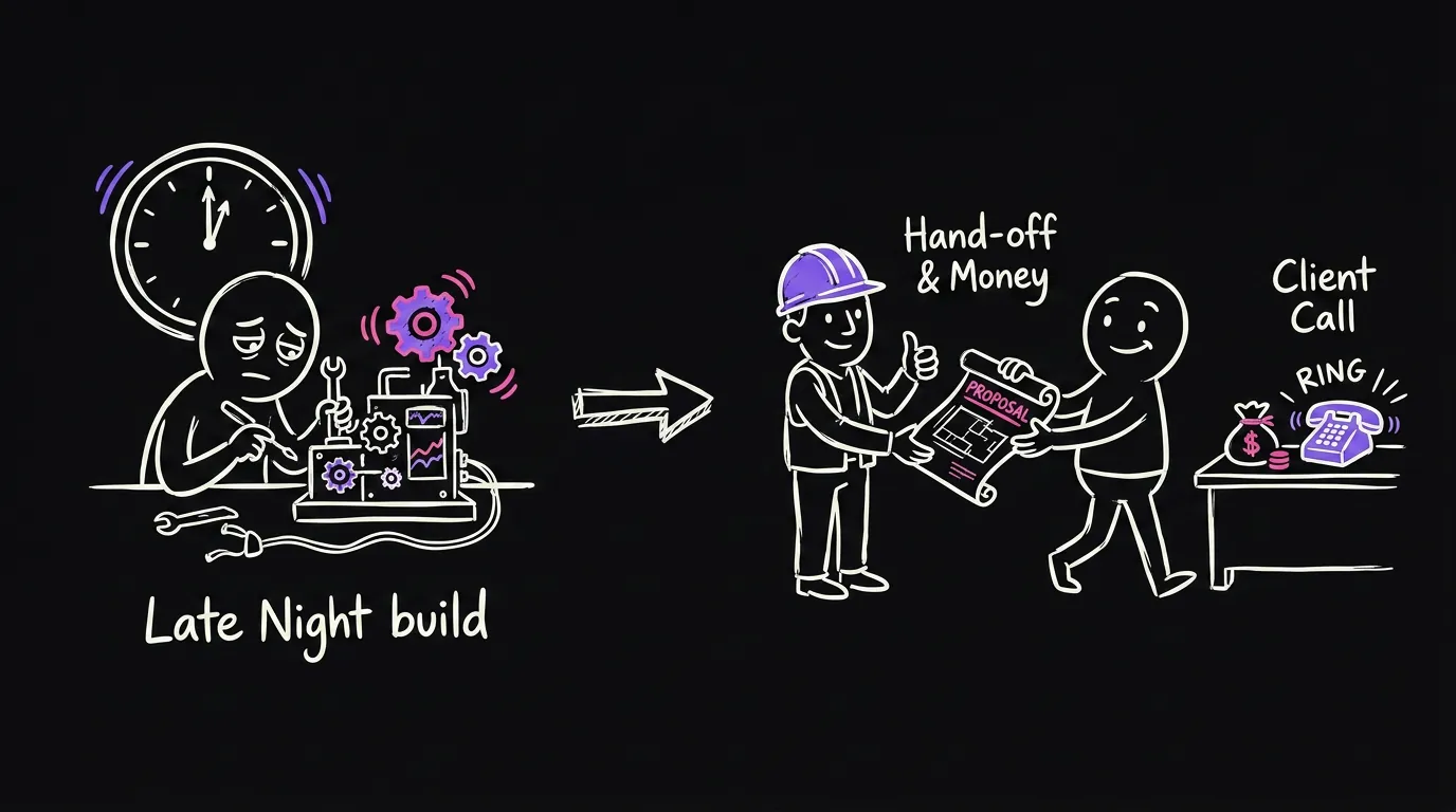 A late night build at a desk on the left, and on the right a handoff of the blueprint to a builder while the owner walks toward a ringing phone