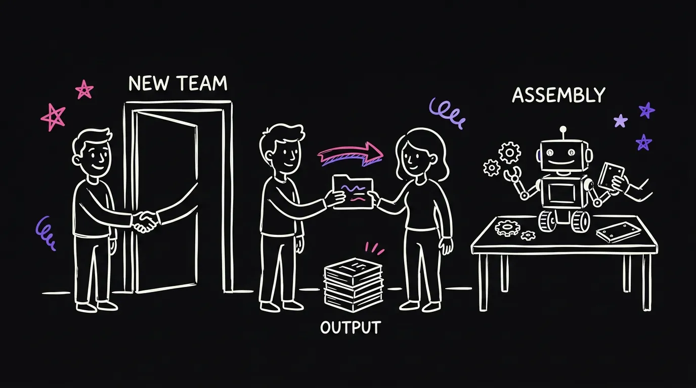 A handshake with a new teammate at the door, a robot being assembled beside a desk, and two people passing work between them