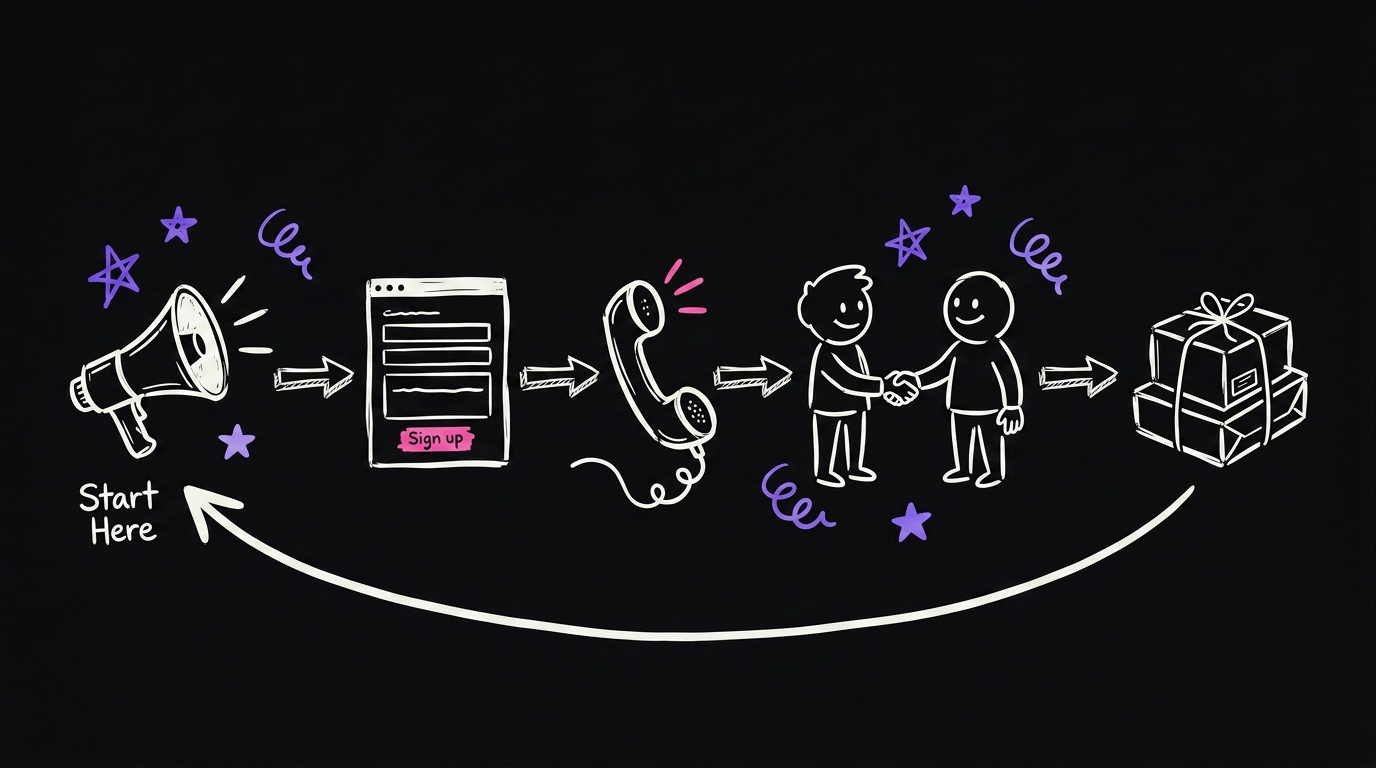 A left to right flow chart of a customer journey with a loop arrow curving from the end back to the start