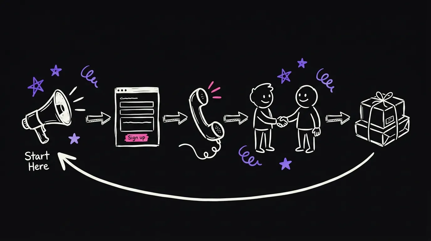 A left to right flow chart of a customer journey with a loop arrow curving from the end back to the start