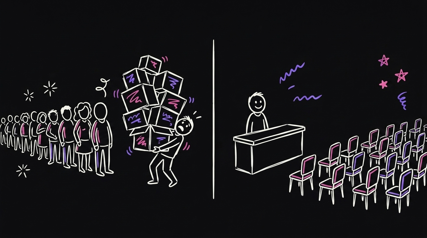 Split scene: a person buried under boxes with a queue waiting, next to a person alone facing rows of empty chairs