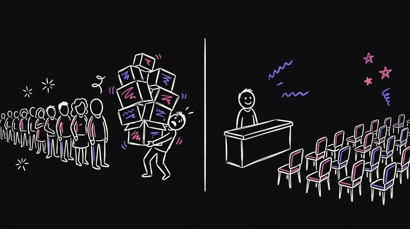 Split scene: a person buried under boxes with a queue waiting, next to a person alone facing rows of empty chairs