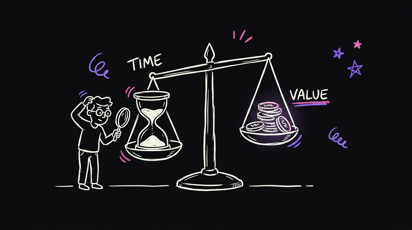 A balance scale weighing an hourglass against a stack of coins