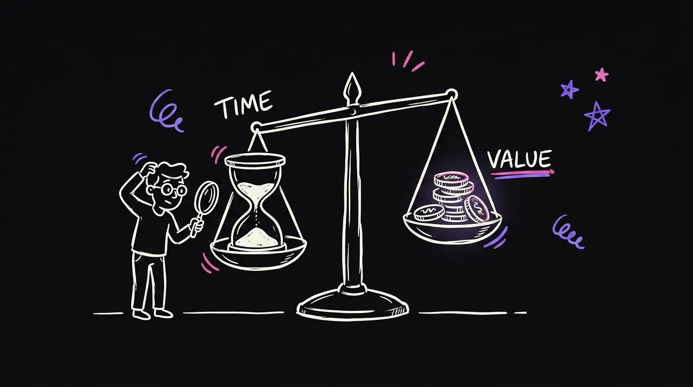 A balance scale weighing an hourglass against a stack of coins