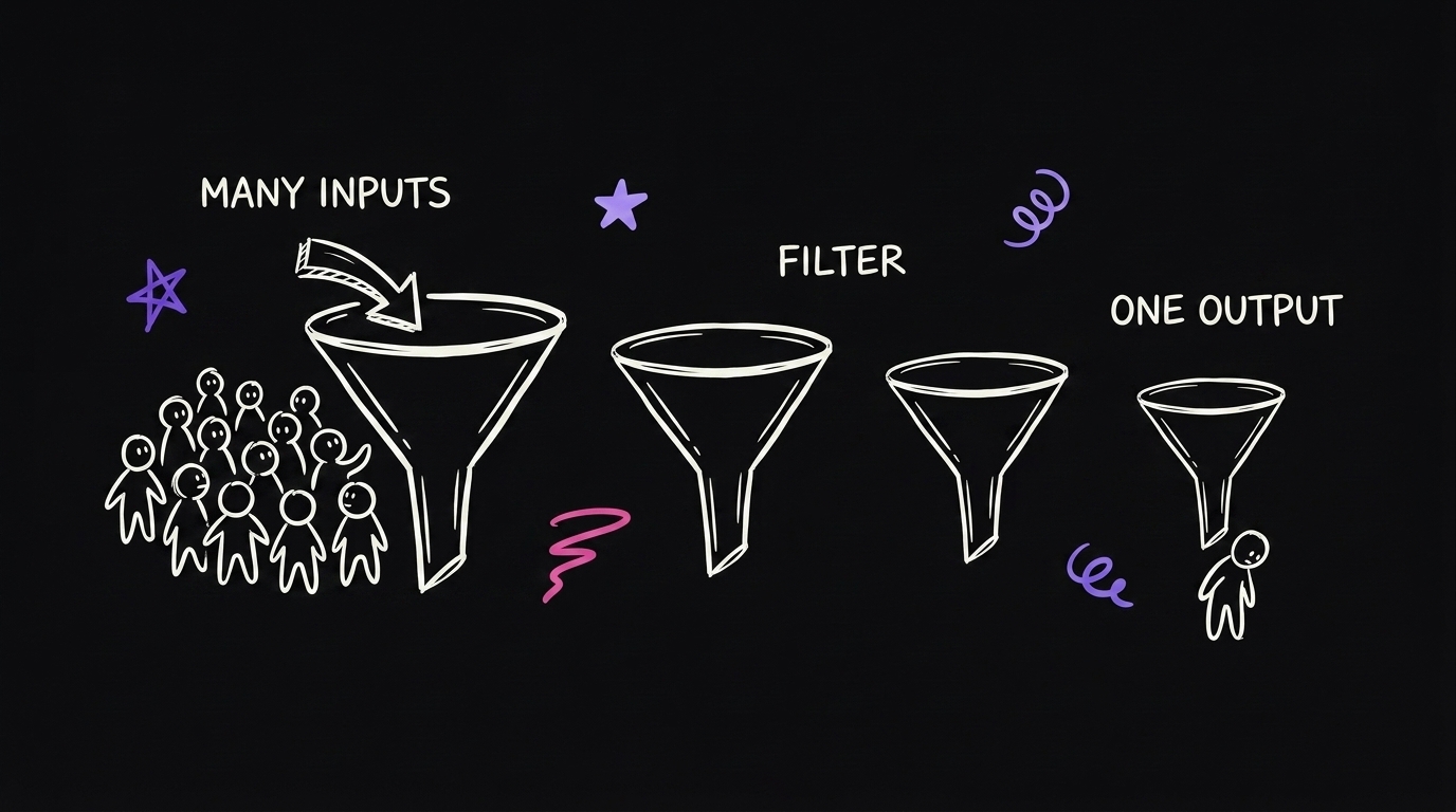 Four funnels in a row getting narrower, a crowd entering the first and one figure leaving the last