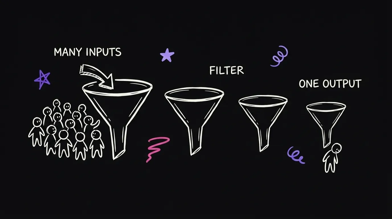 Four funnels in a row getting narrower, a crowd entering the first and one figure leaving the last