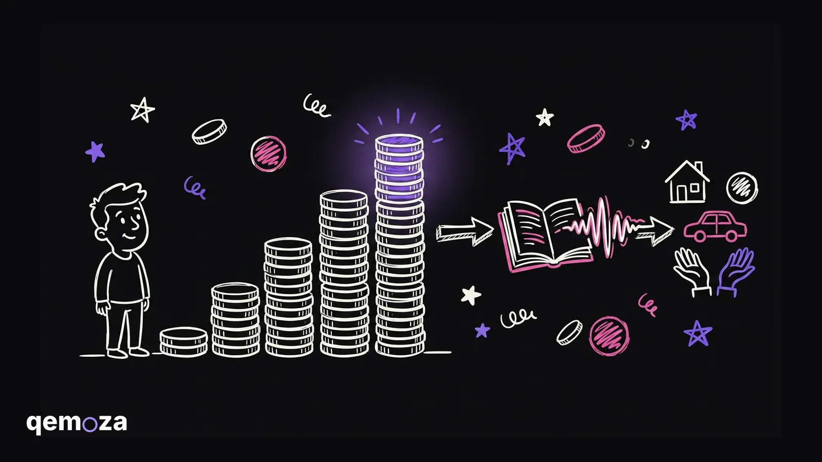 A person at the bottom of a staircase made of stacked coins, the first four steps flat and empty, the top step glowing violet