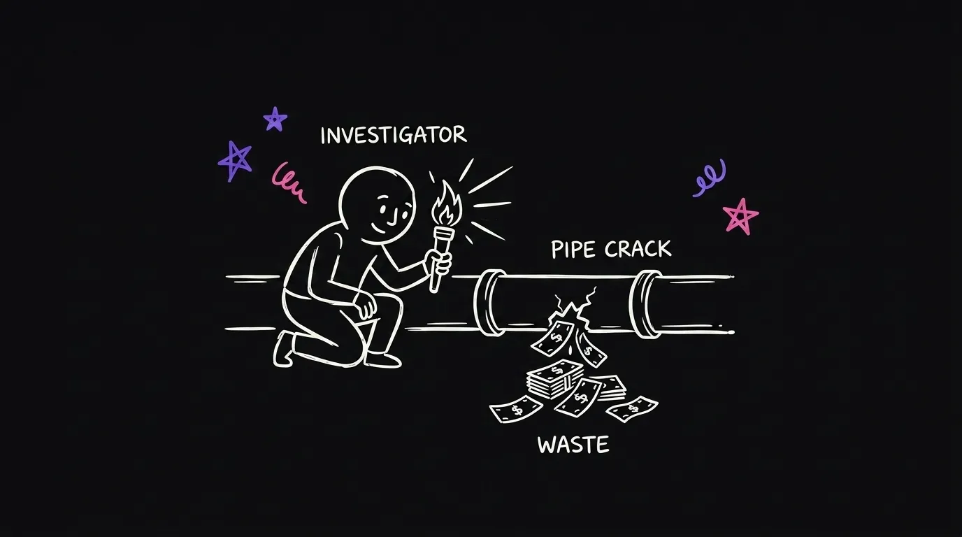 A person with a torch inspecting a pipe with money leaking from one crack