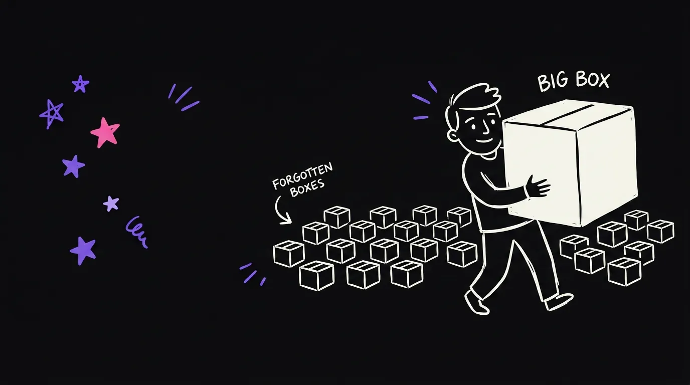 A person carrying one large box while twenty tiny boxes sit forgotten on the floor