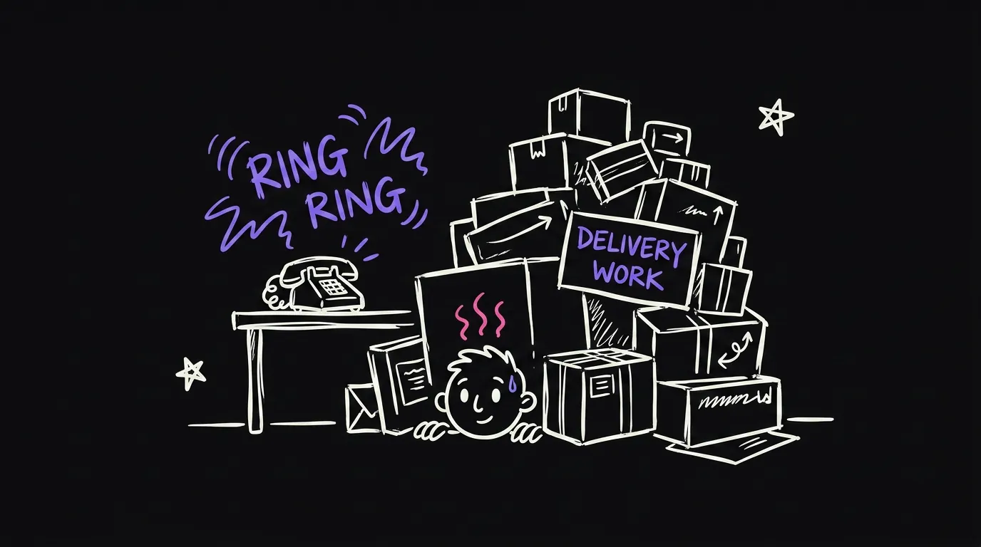 A person buried under a pile of work while a phone rings unanswered beside them