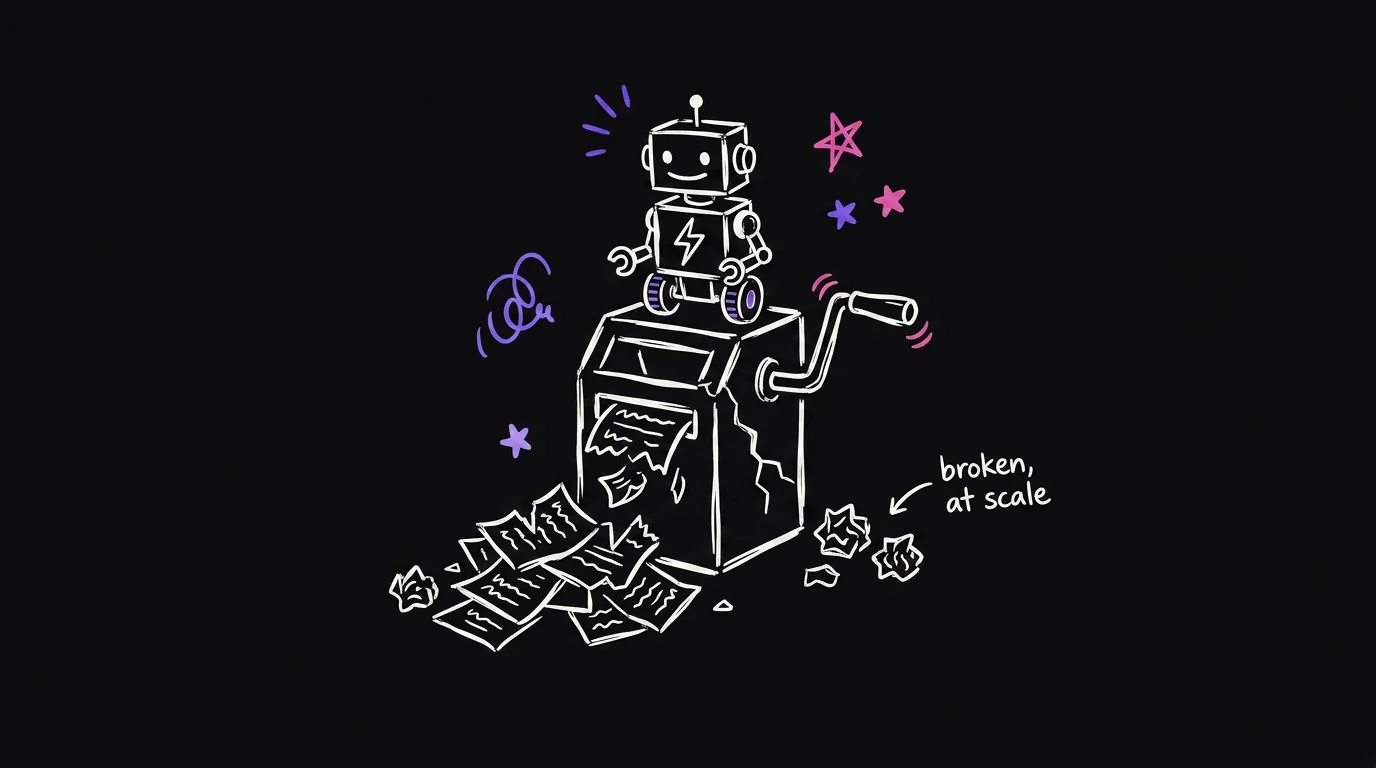 A broken machine with a robot bolted on top, making a bigger pile of broken output