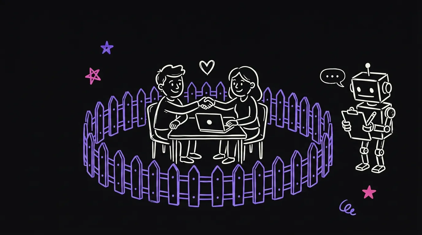 Two people shaking hands inside a violet fence, a robot waiting outside with a clipboard