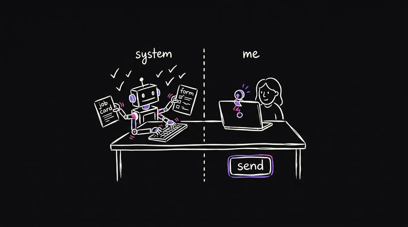 A desk split in two, a robot doing the paperwork on the left, a person recording a video on the right
