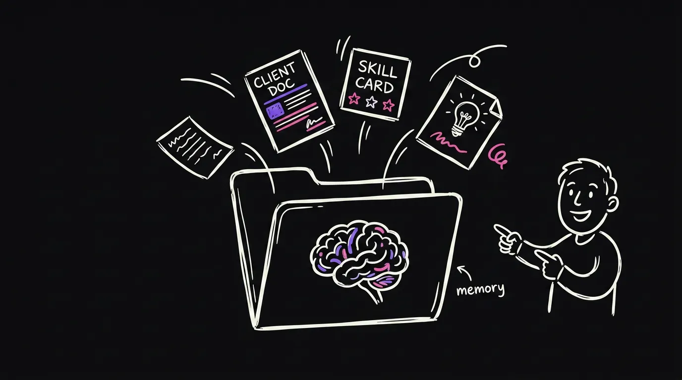 An open folder with documents and a skill card flying in, a small brain on the flap
