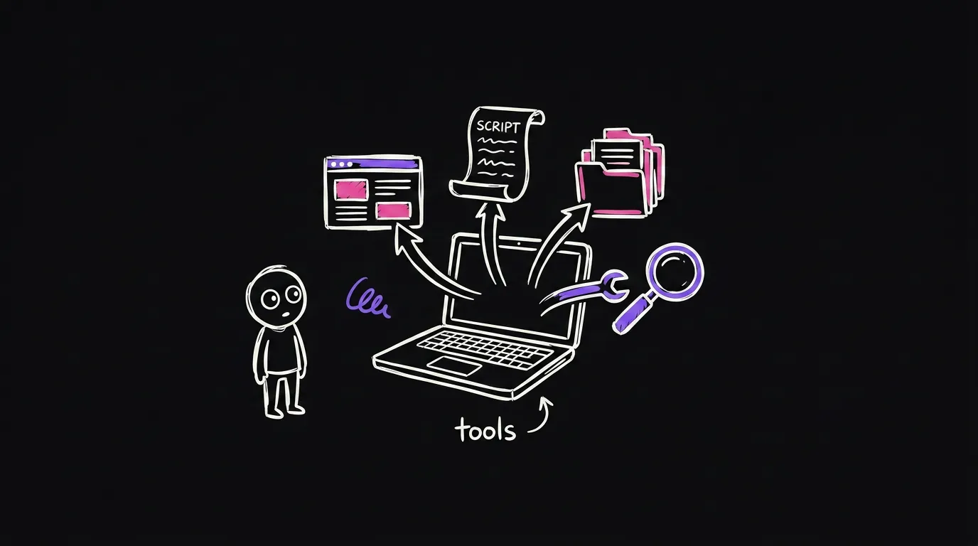 A laptop with tools sprouting from the screen like a swiss army knife