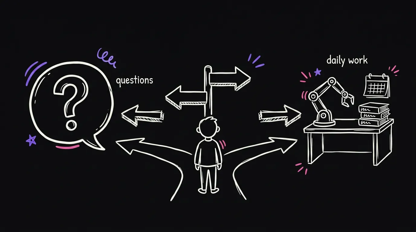 A person at a fork: one path to a speech bubble, one path to a desk with a robot arm