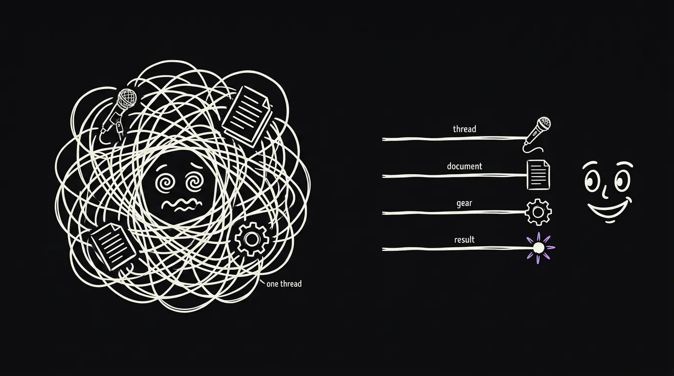 One tangled ball of thread with a dizzy face next to four neat short threads with a sharp face