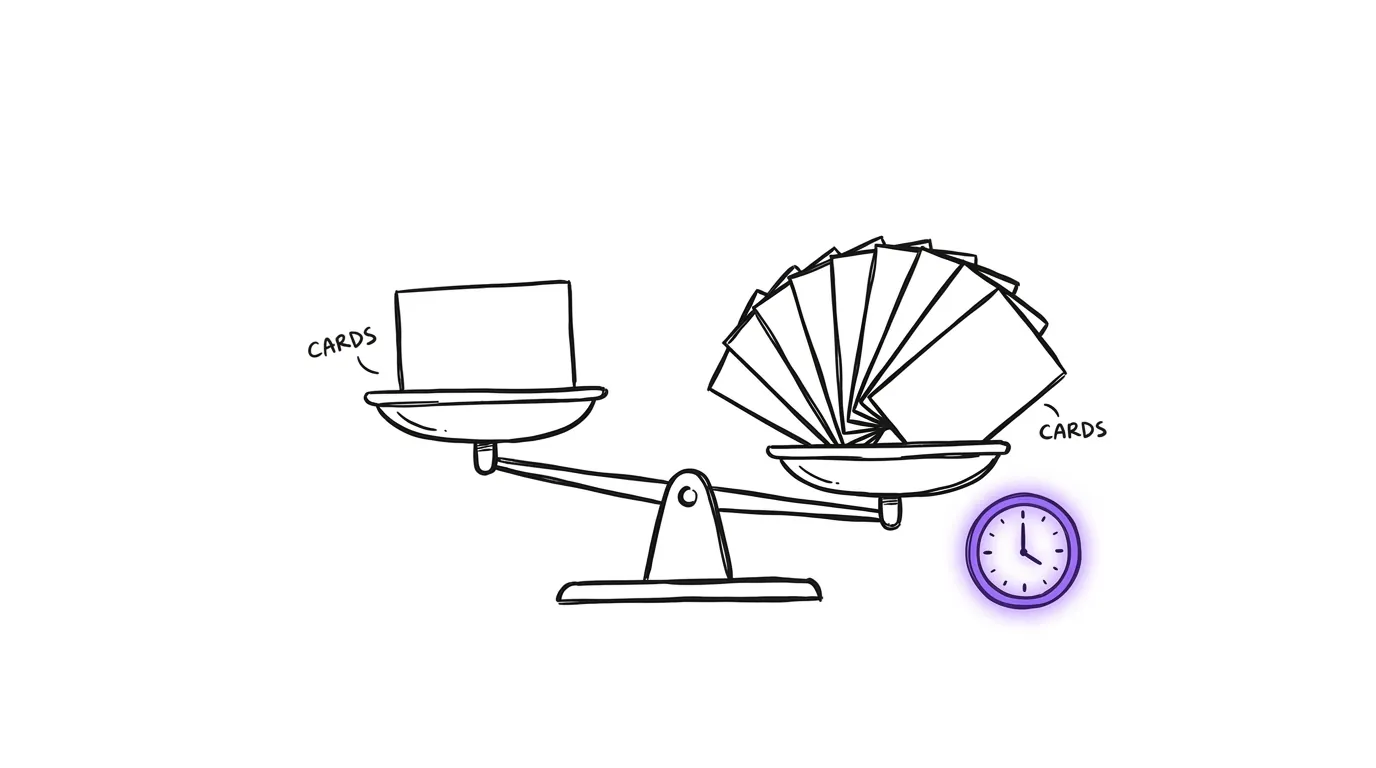A scale with one card on one side and a fan of ten on the other